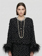 Polka-Dot Textured Tweed Set with Ostrich Feather Trim