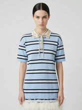 Pearl-Embellished Striped Knit Mini Dress with Ostrich Feather Trim