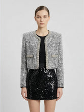 Sequin-Embellished Cropped Tweed Jacket in Metallic Silver