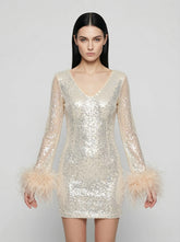 Sequin V-Neck Mini Dress with Ostrich Feather Cuffs