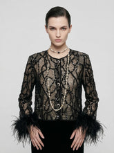 Sequin Lace Feather-Cuff Evening Jacket