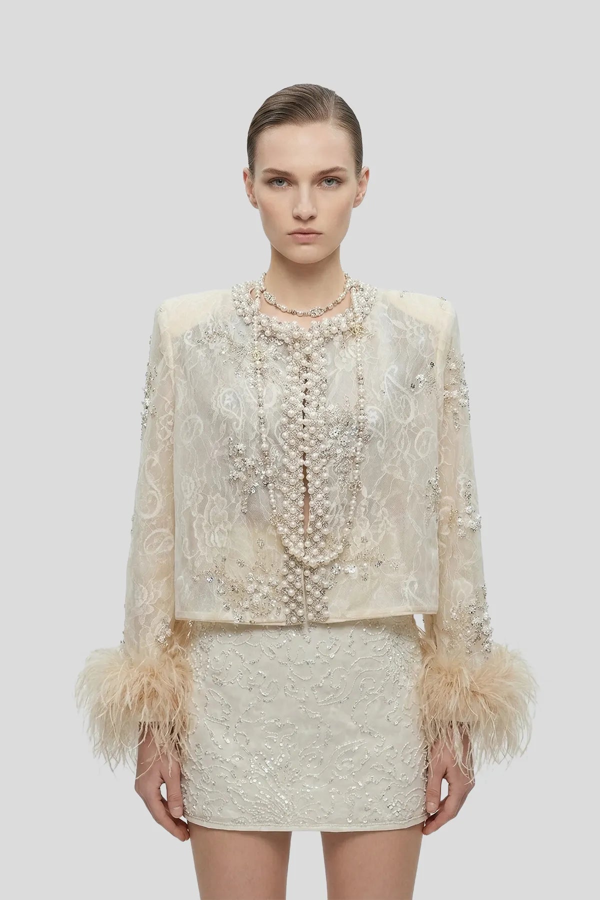 DW Ateller Pearl-Encrusted Lace Jacket & Beaded Mini Skirt Main image