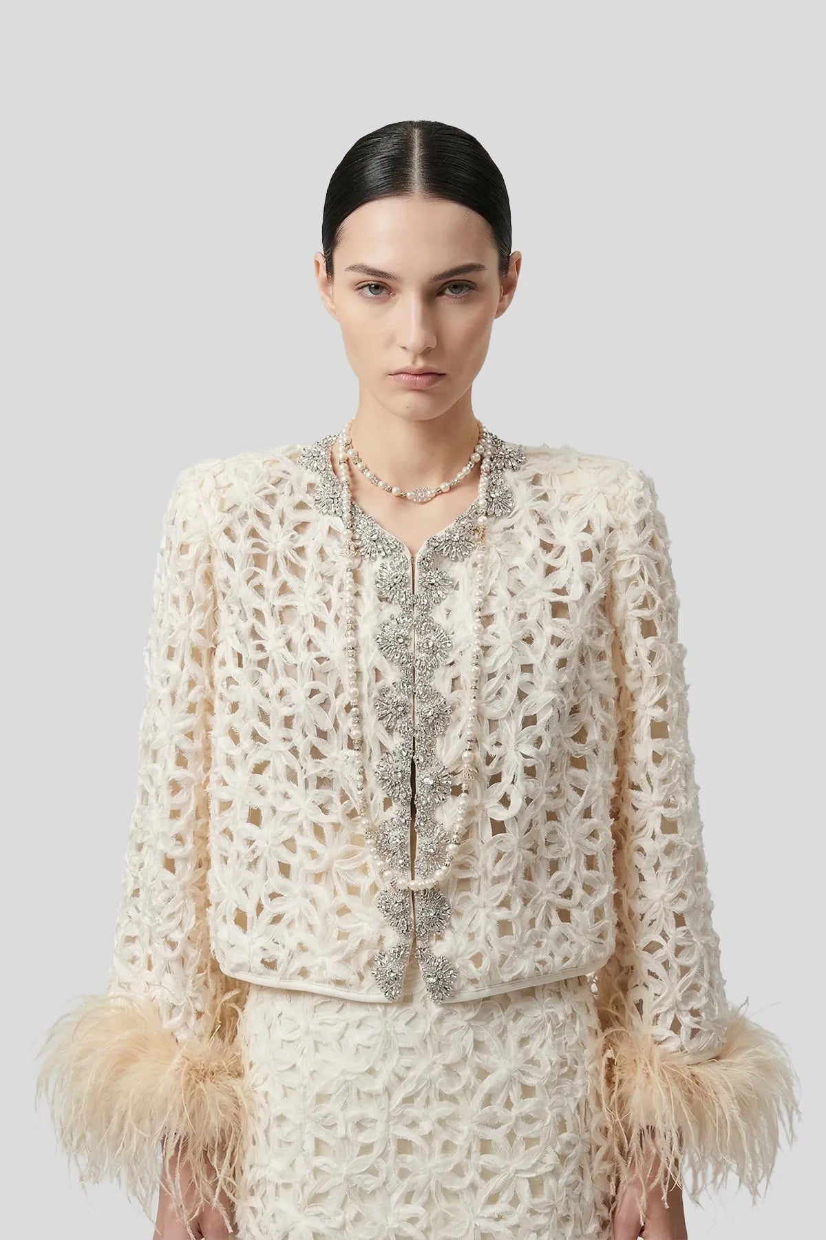 DW Ateller Guipure Lace Crystal-Trimmed Jacket & Skirt Set