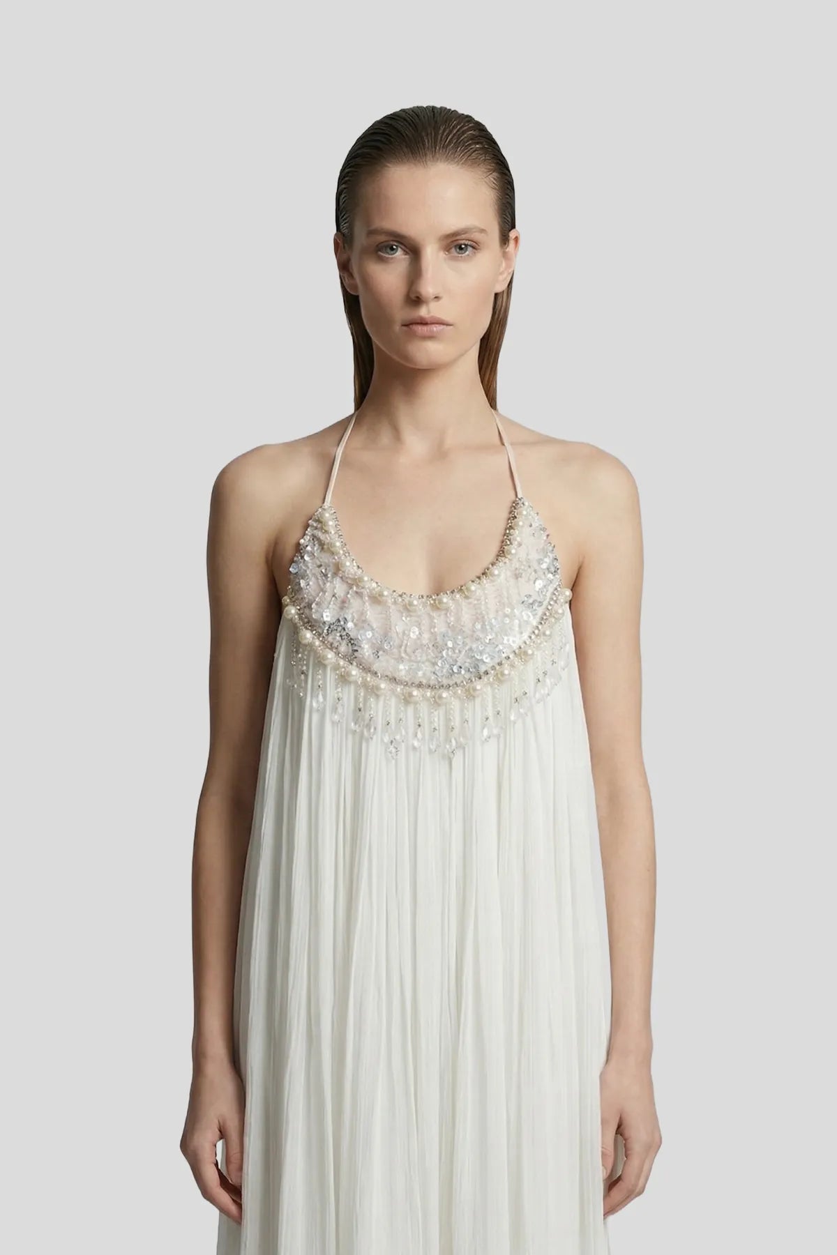 DW Ateller The Elysian Pearl-Encrusted Pleated Maxi Dress