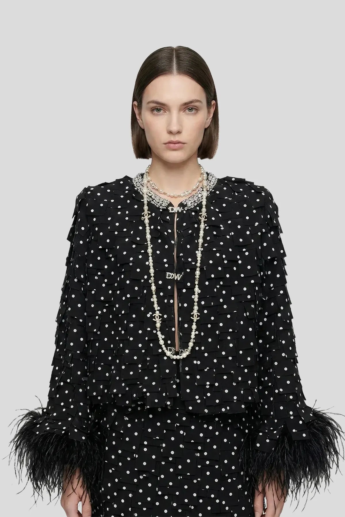 DW Ateller Polka-Dot Textured Tweed Set with Ostrich Feather Trim Main image