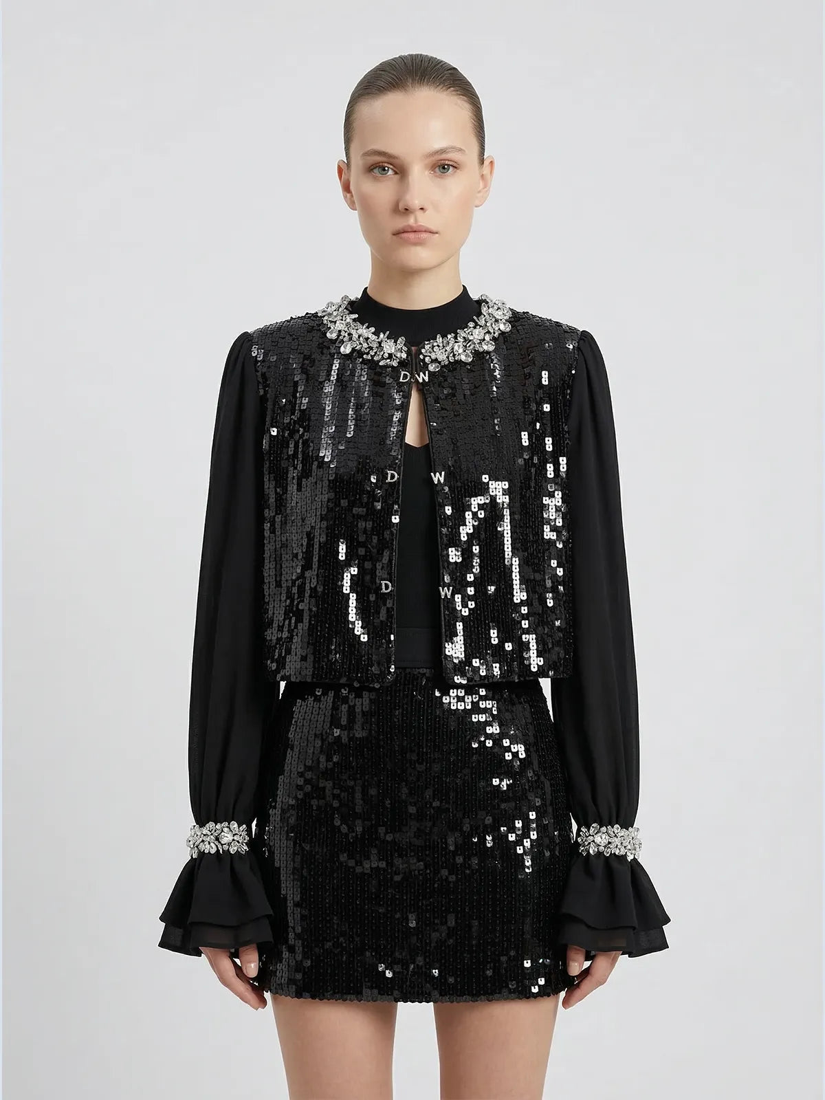 Crystal-Encrusted Sequin Cropped Jacket