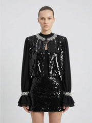 Crystal-Encrusted Sequin Cropped Jacket