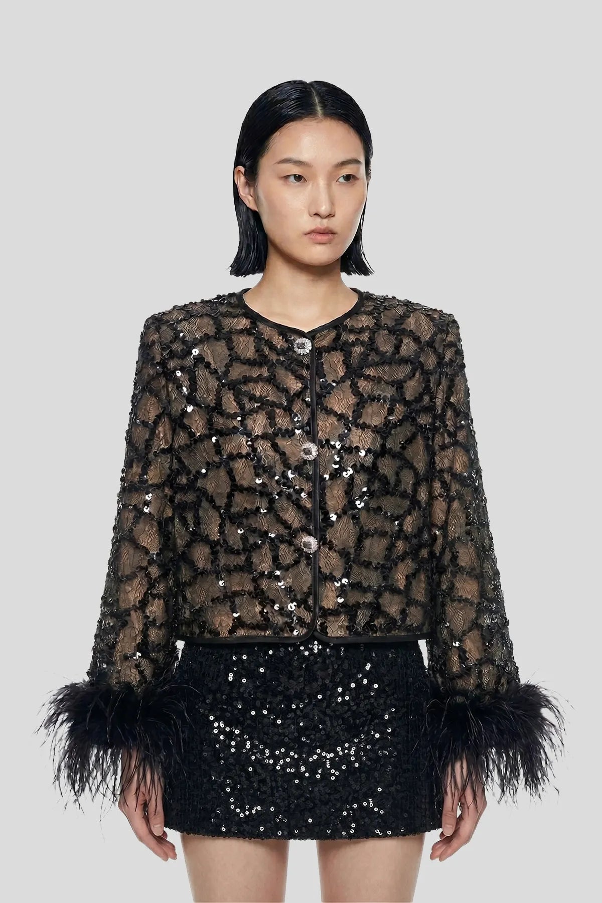 DW Ateller Sequin Lace Feather-Cuff Evening Jacket