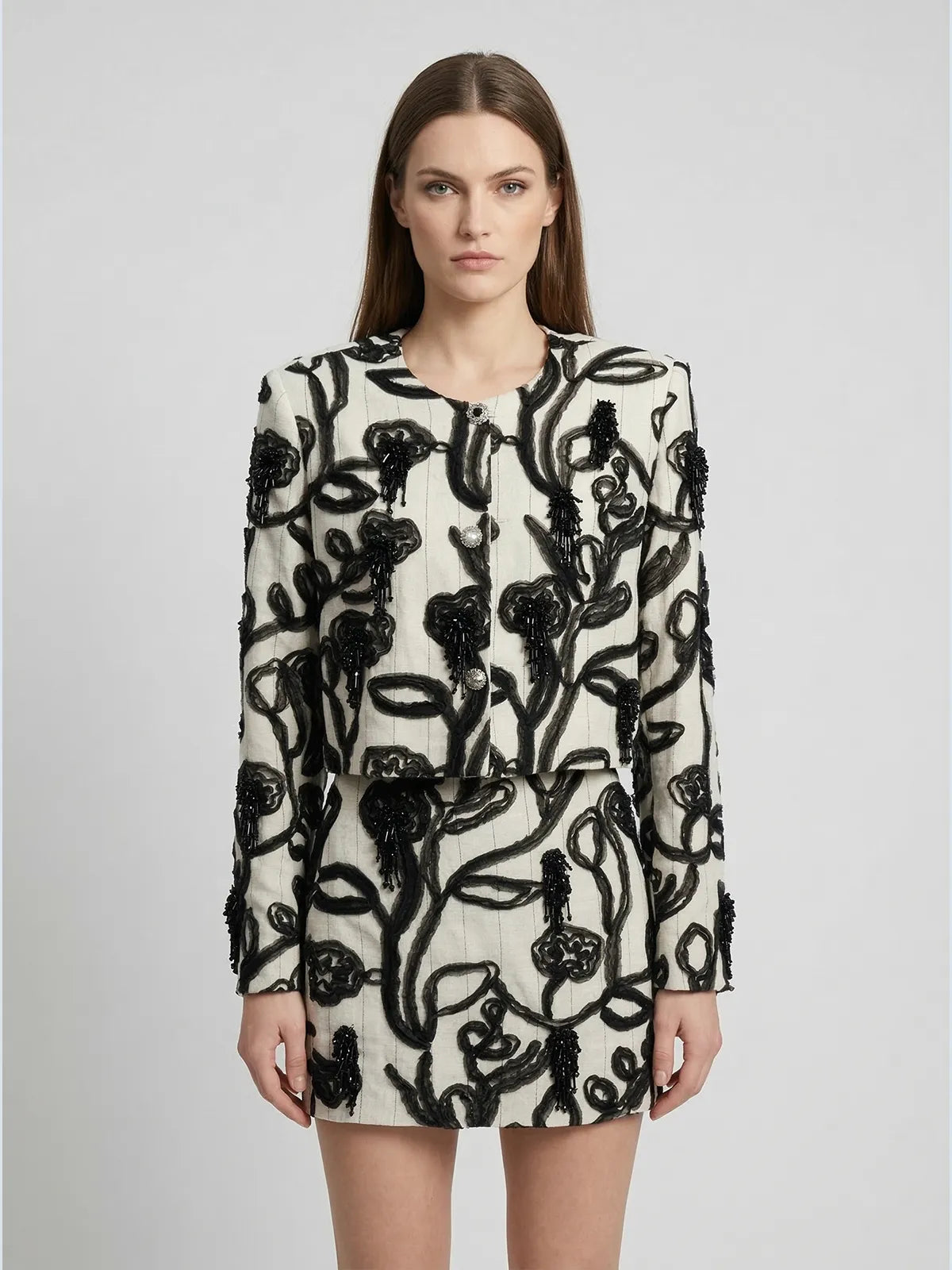 3D Floral Corded Embroidery Cropped Jacket & Mini Skirt Set