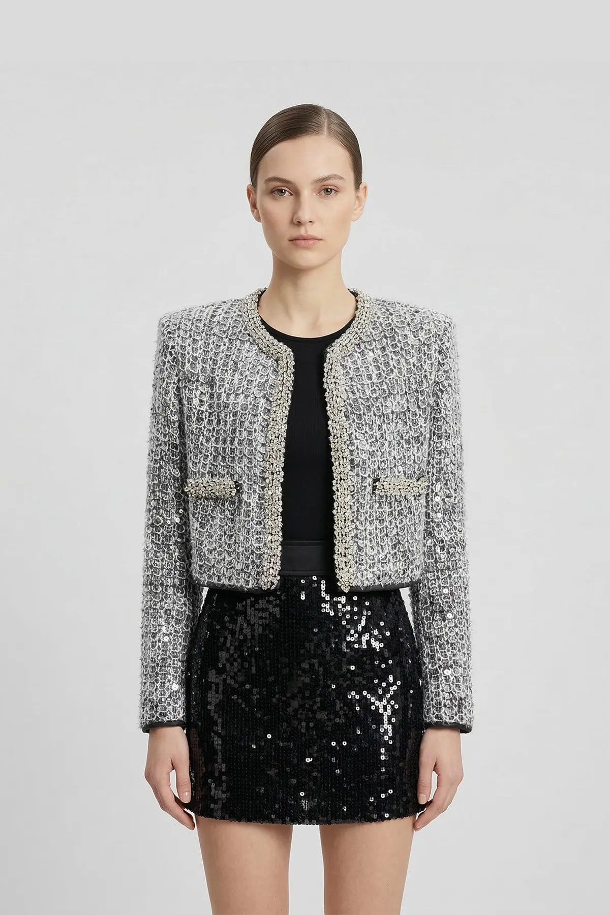 DW Ateller Sequin-Embellished Cropped Tweed Jacket in Metallic Silver Main image