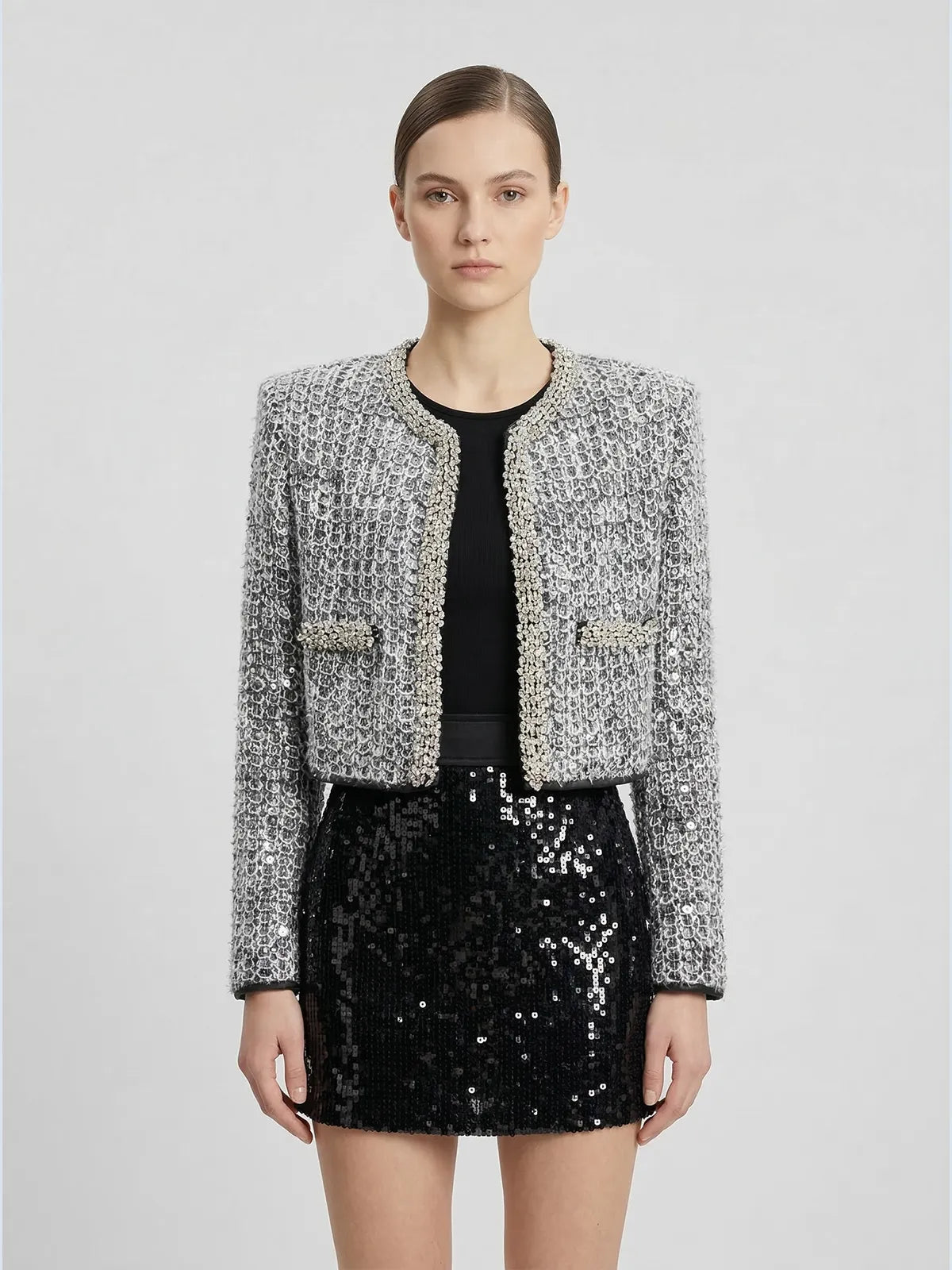 Sequin-Embellished Cropped Tweed Jacket in Metallic Silver