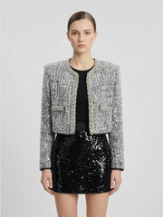 Sequin-Embellished Cropped Tweed Jacket in Metallic Silver