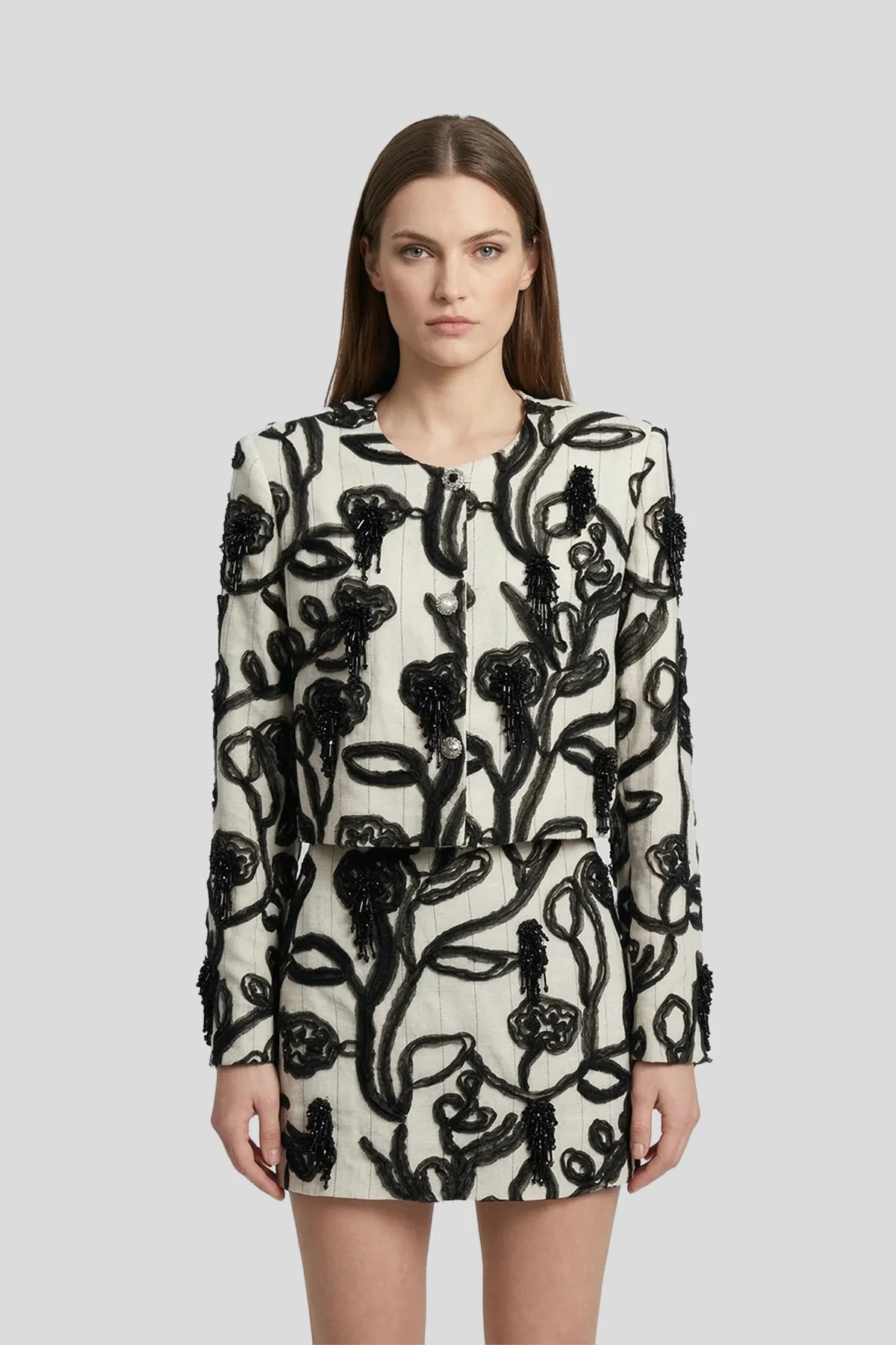 DW Ateller Contrast 3D Floral Embroidery Jacket & Mini Skirt