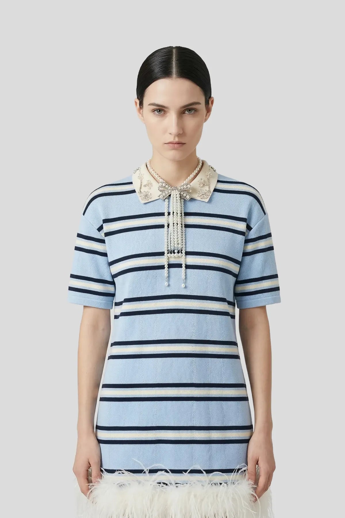 DW Ateller Pearl-Embellished Striped Knit Mini Dress with Ostrich Feather Trim
