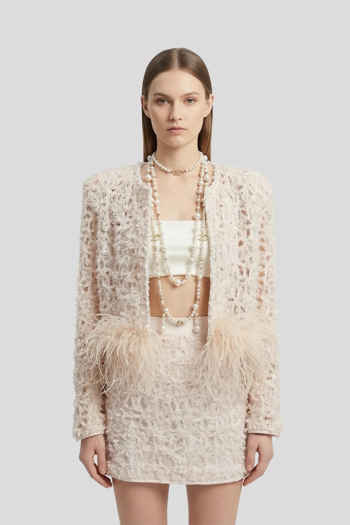 DW Ateller Feather-Trimmed Textured Tweed Jacket & Mini Skirt