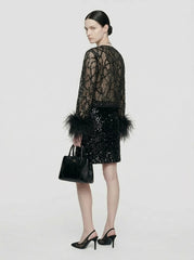 Sequin Lace Feather-Cuff Evening Jacket