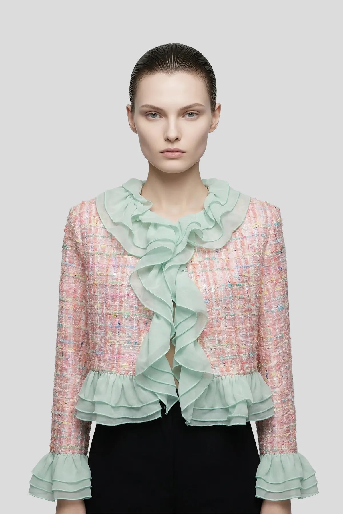 DW Ateller Pastel Tweed & Organza Ruffle Cropped Jacket Imagen principal del producto