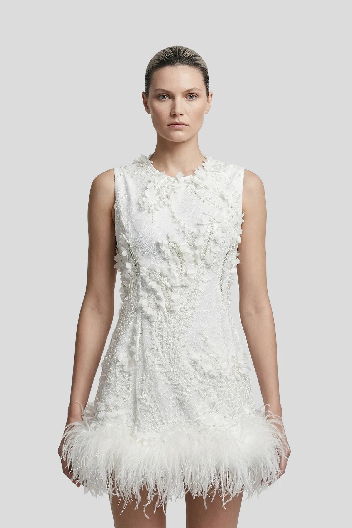 DW Ateller 3D Floral Embellished Mini Dress with Feather Hem