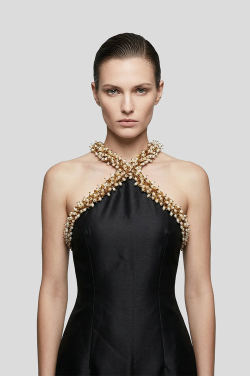 DW Ateller The Calista Pearl-Encrusted Crossover Mini Dress