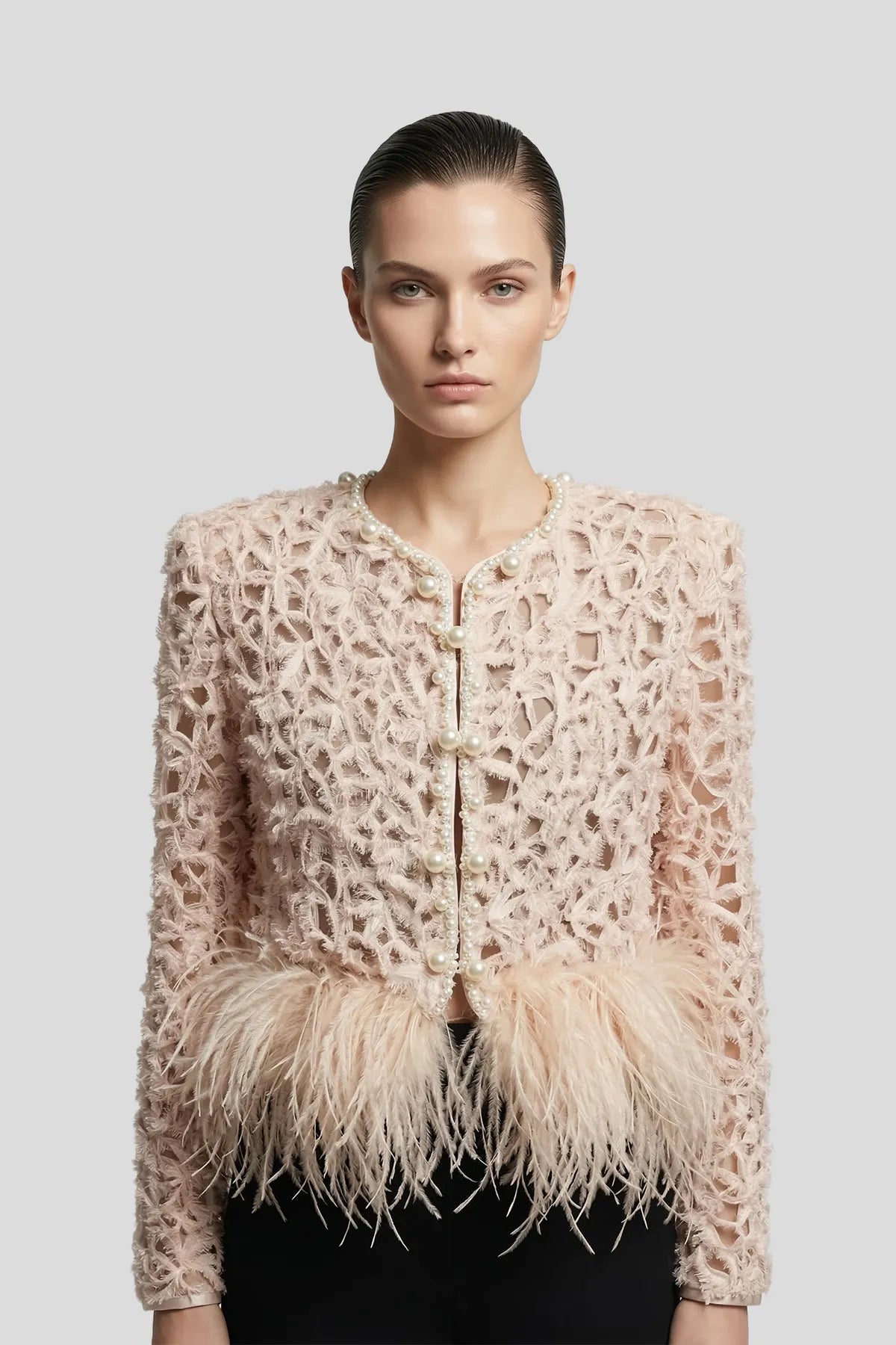 DW Ateller Pearl & Feather Trimmed Textured Evening Jacket Imagen principal del producto