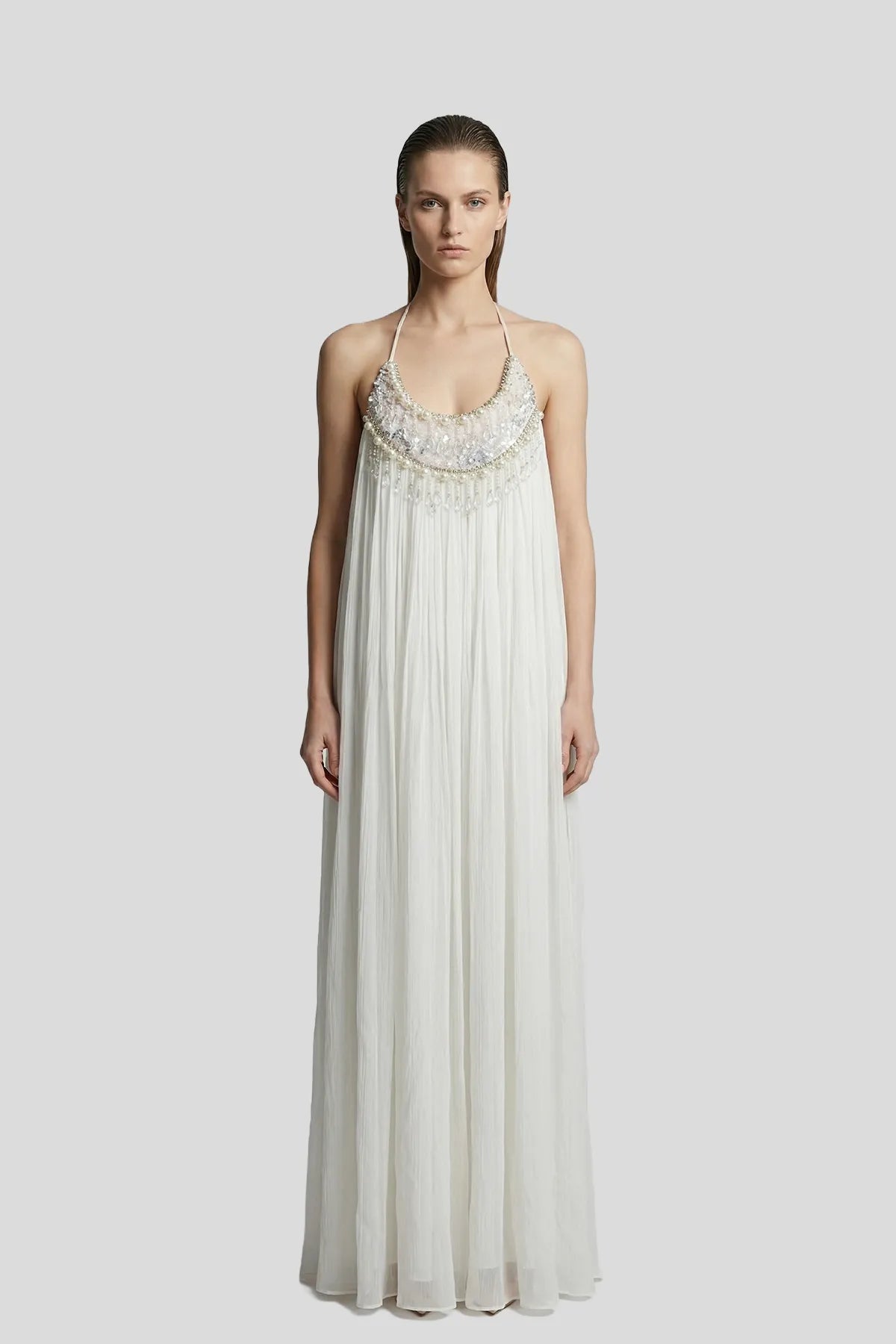 DW Ateller The Elysian Pearl-Encrusted Pleated Maxi Dress