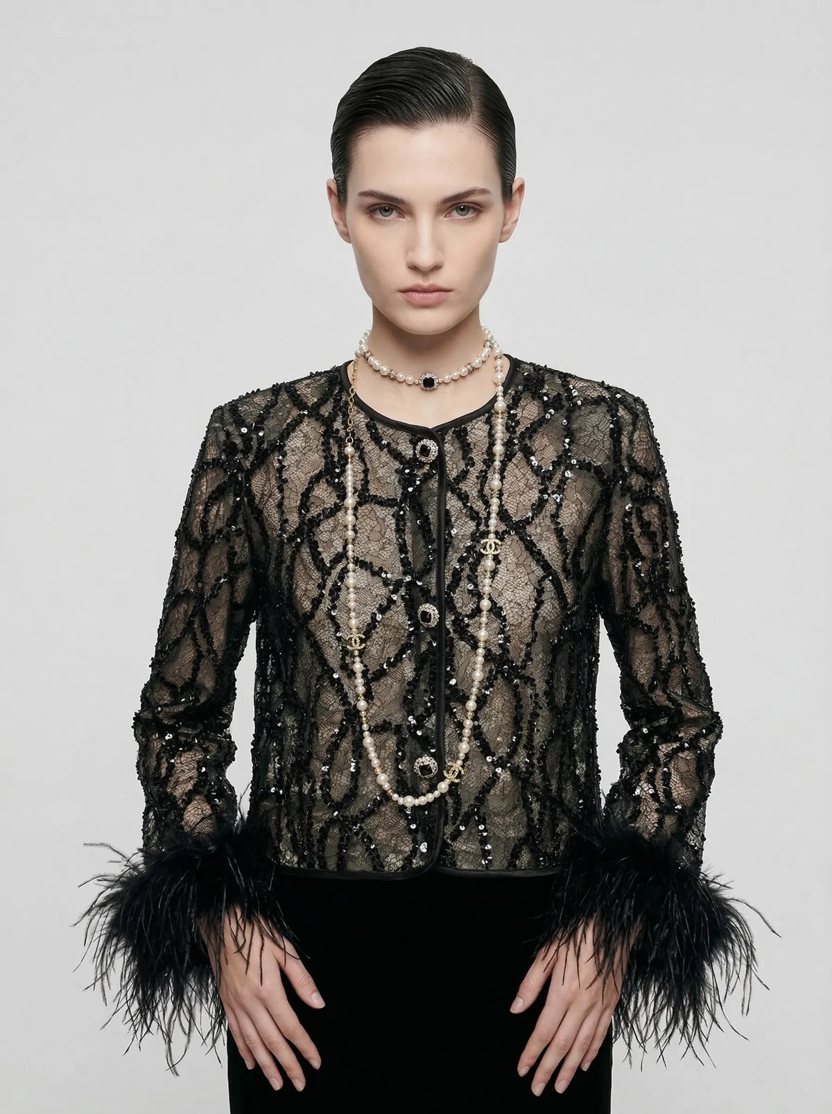 Sequin Lace Feather-Cuff Evening Jacket