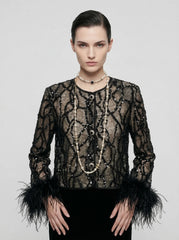 Sequin Lace Feather-Cuff Evening Jacket