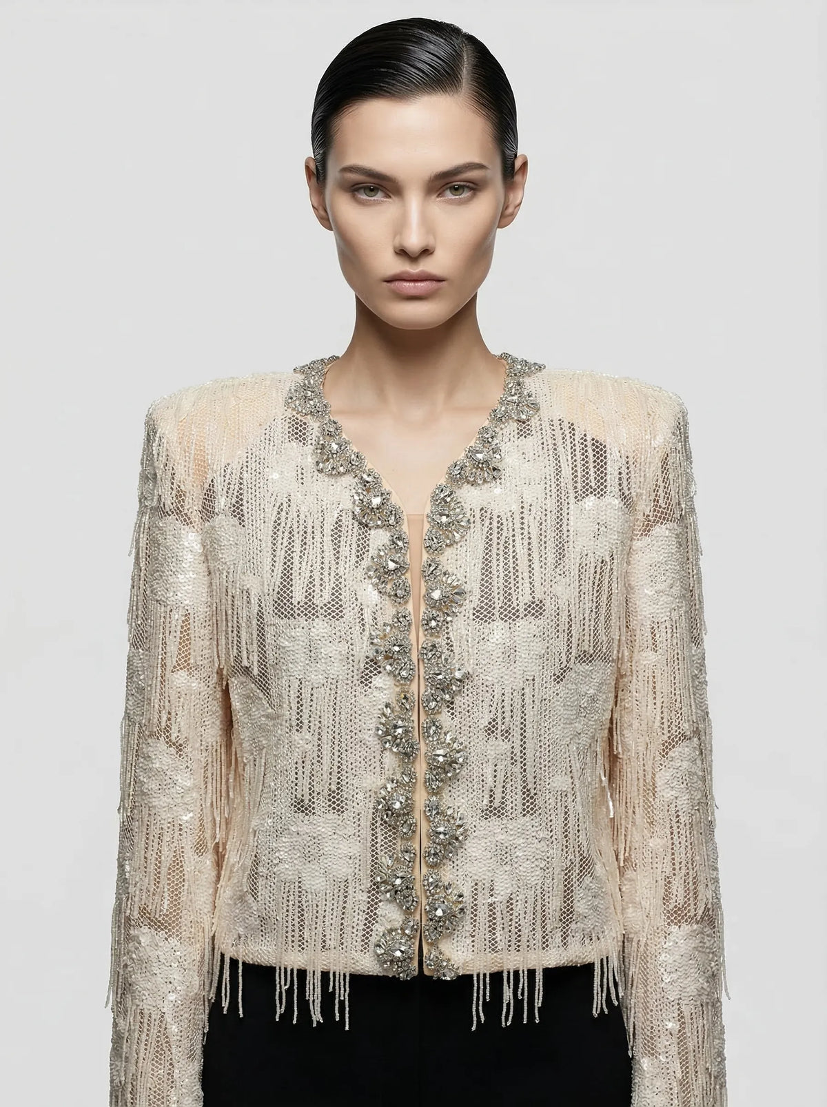 Crystal-Trimmed Sequined Lace Cropped Jacket