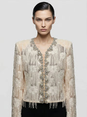 Crystal-Trimmed Sequined Lace Cropped Jacket