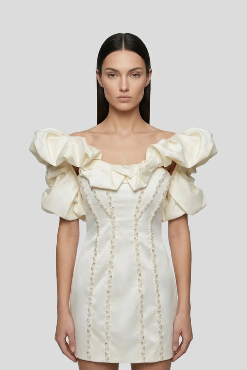 Sculptural Pearl-Embellished Mini Dress