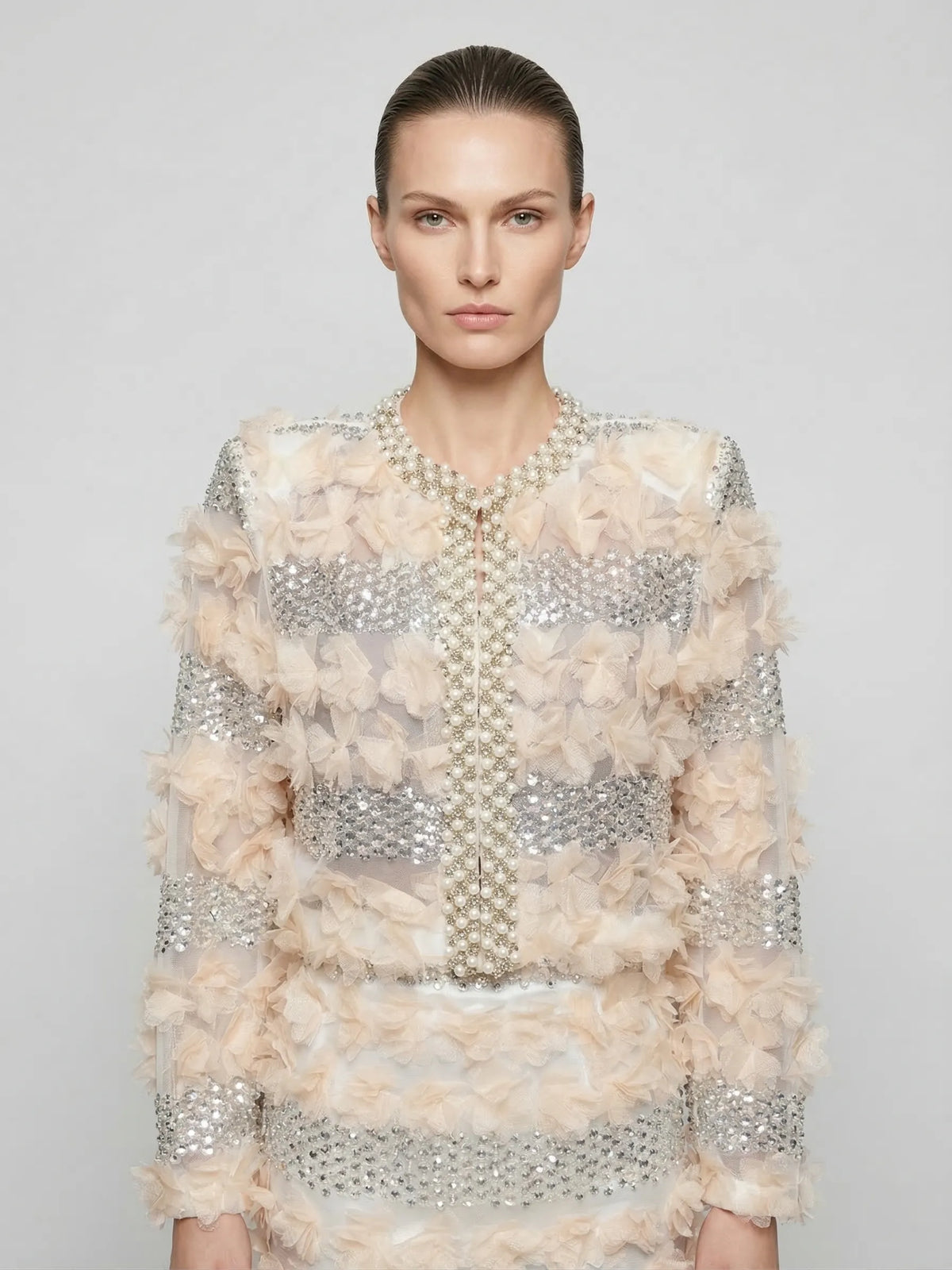 3D Floral Appliqué & Sequined Pearl-Trimmed Set