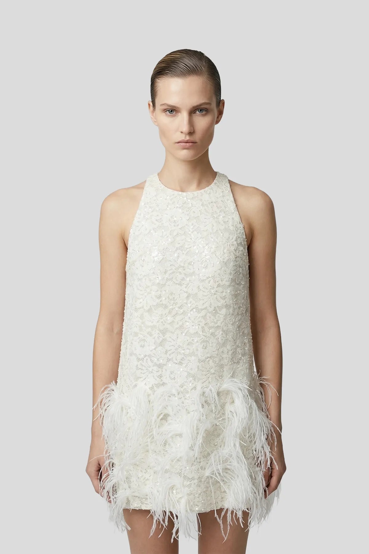 DW Ateller The Seraphina Sequined Lace & Ostrich Feather Mini Dress