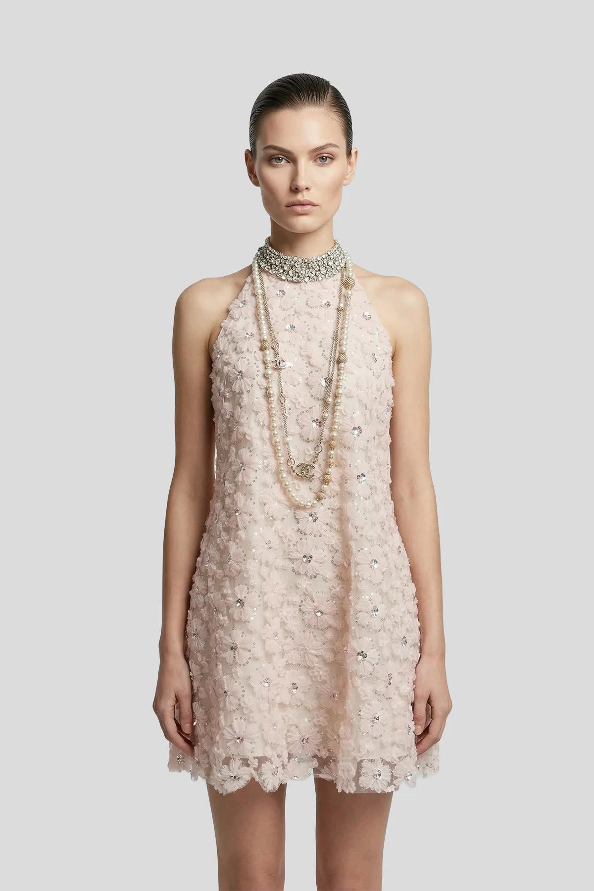 DW Ateller 3D Floral Appliqué Halter Mini Dress