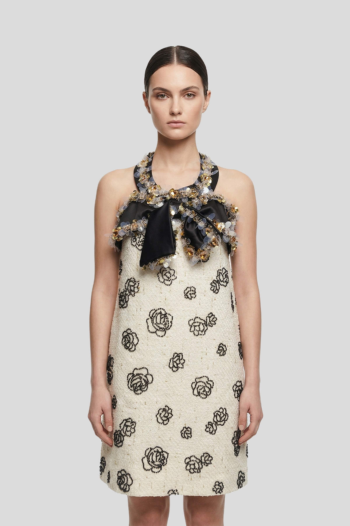 DW Ateller Beaded Floral Tweed Halter Mini Dress