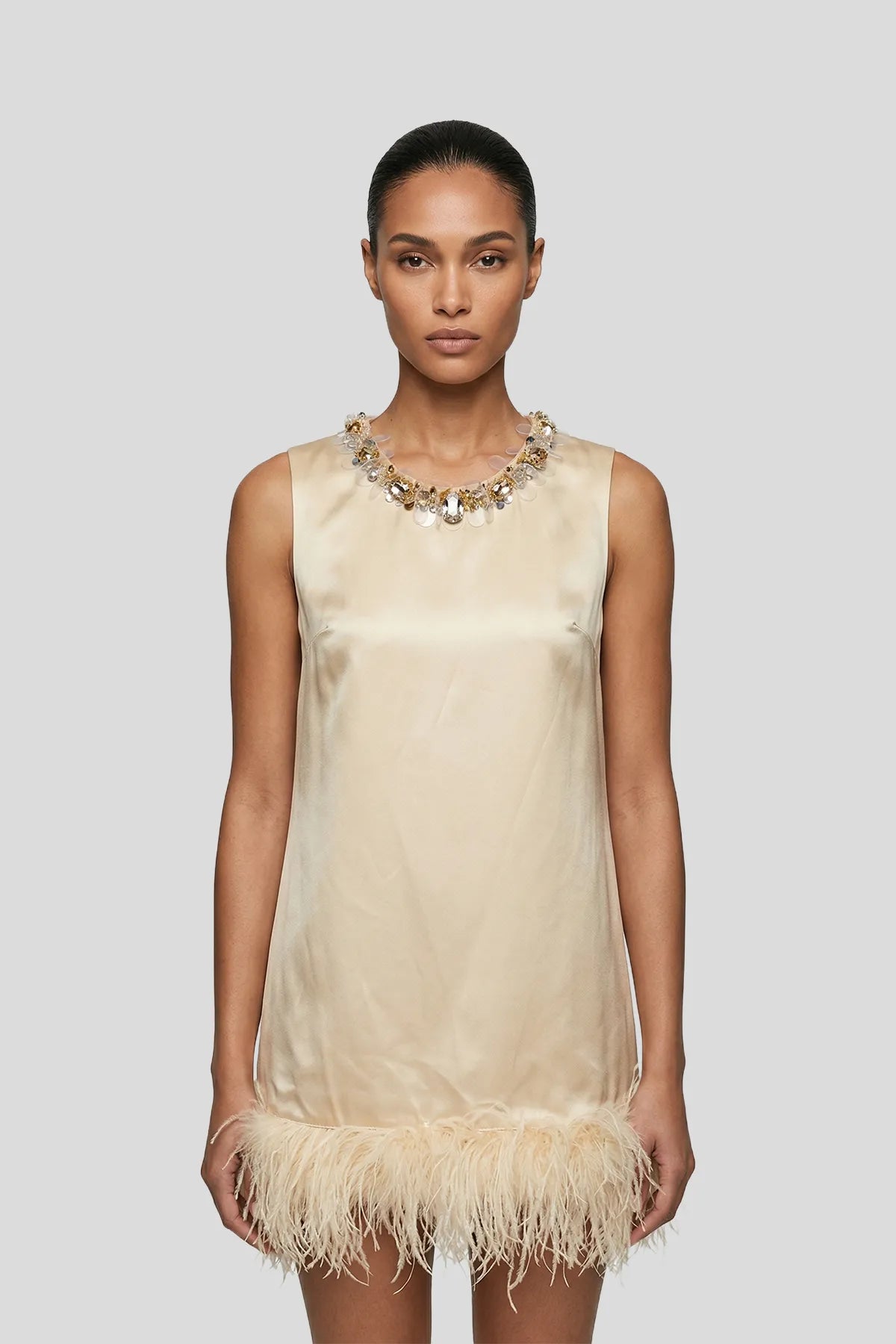 DW Ateller Embellished Satin Mini Dress with Feather Hem