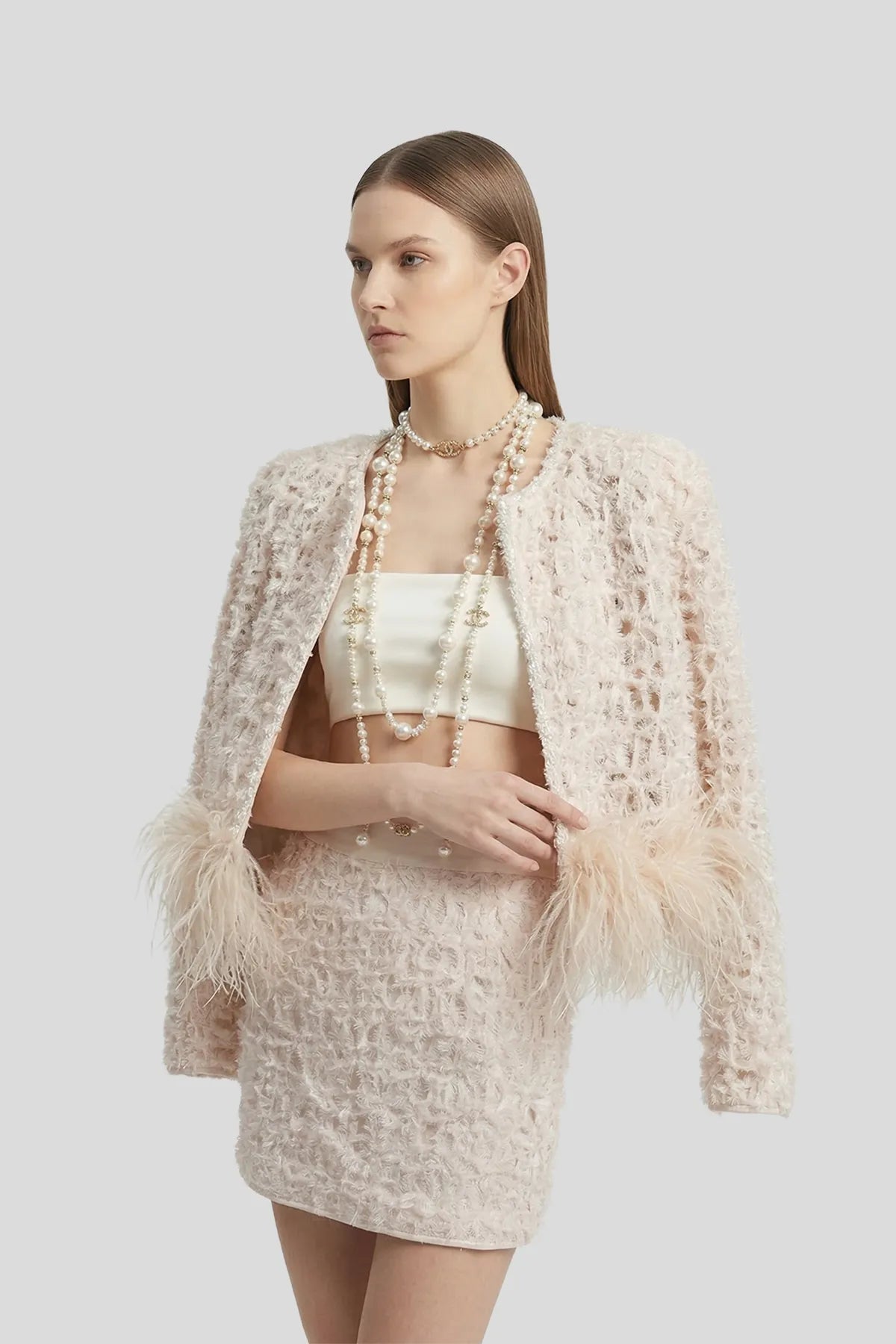 DW Ateller Feather-Trimmed Textured Tweed Jacket & Mini Skirt