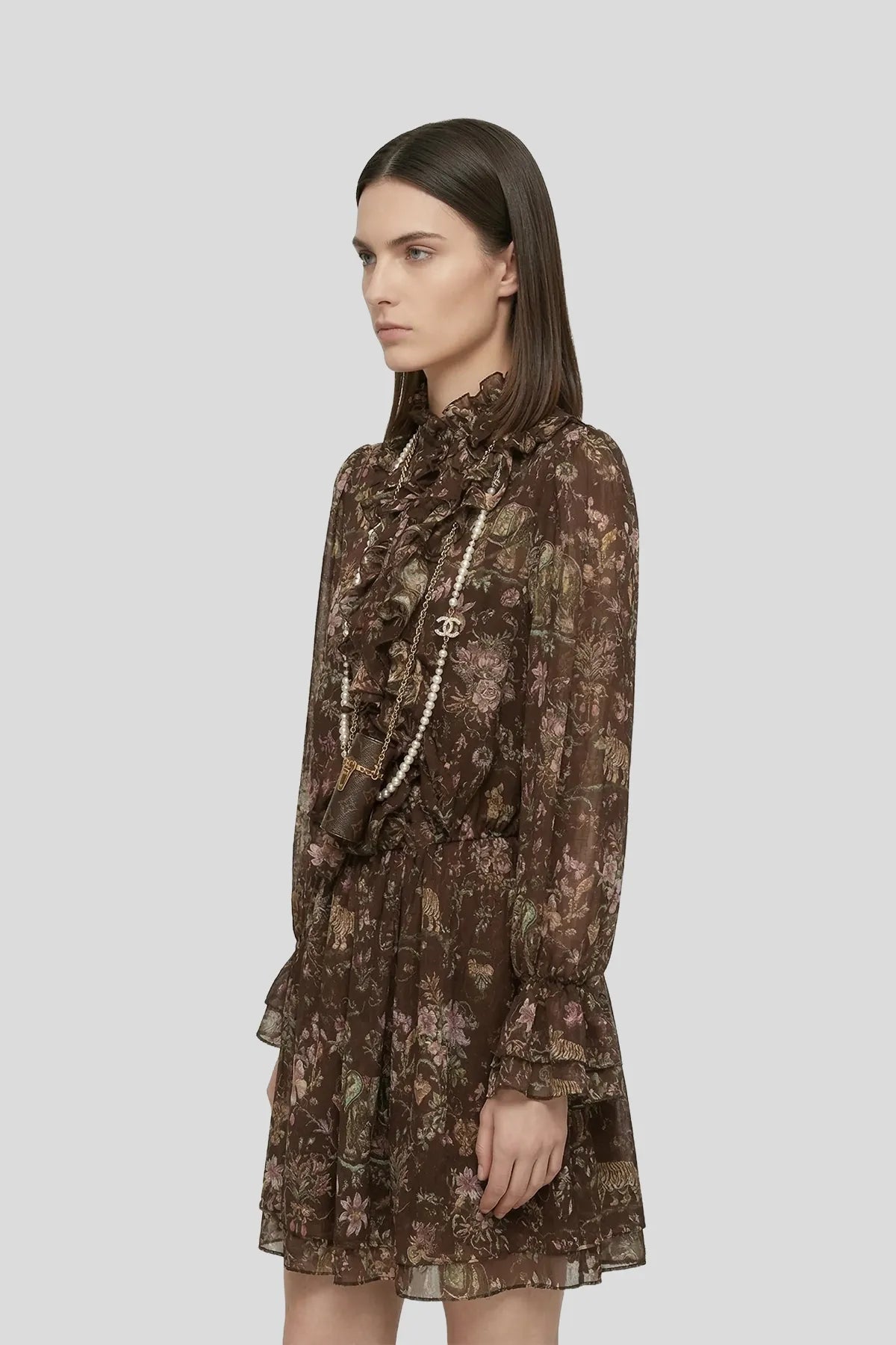 DW Ateller Romantic Ruffle Floral Silk Chiffon Mini Dress