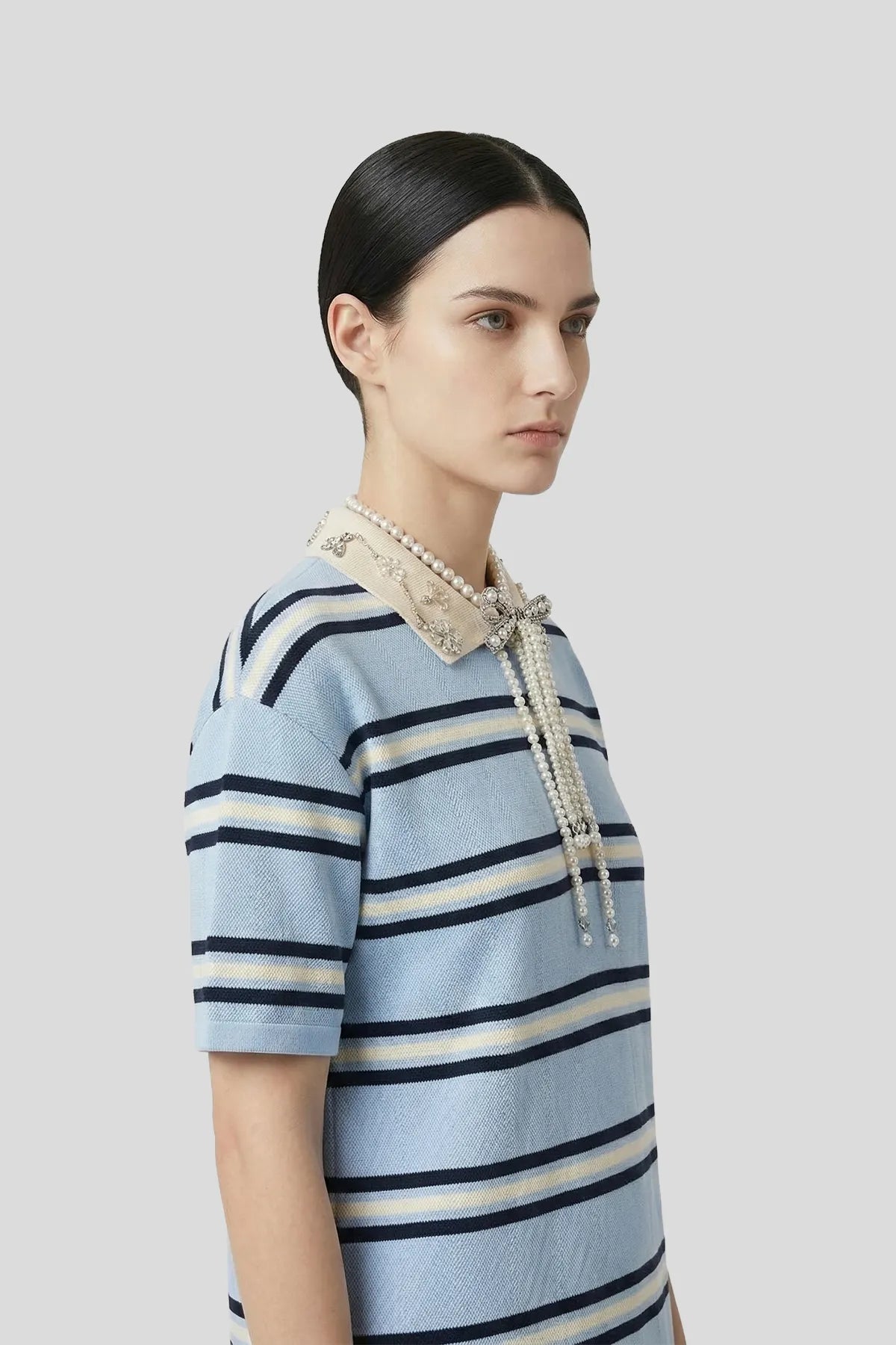 DW Ateller Pearl-Embellished Striped Knit Mini Dress with Ostrich Feather Trim