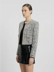 Sequin-Embellished Cropped Tweed Jacket in Metallic Silver