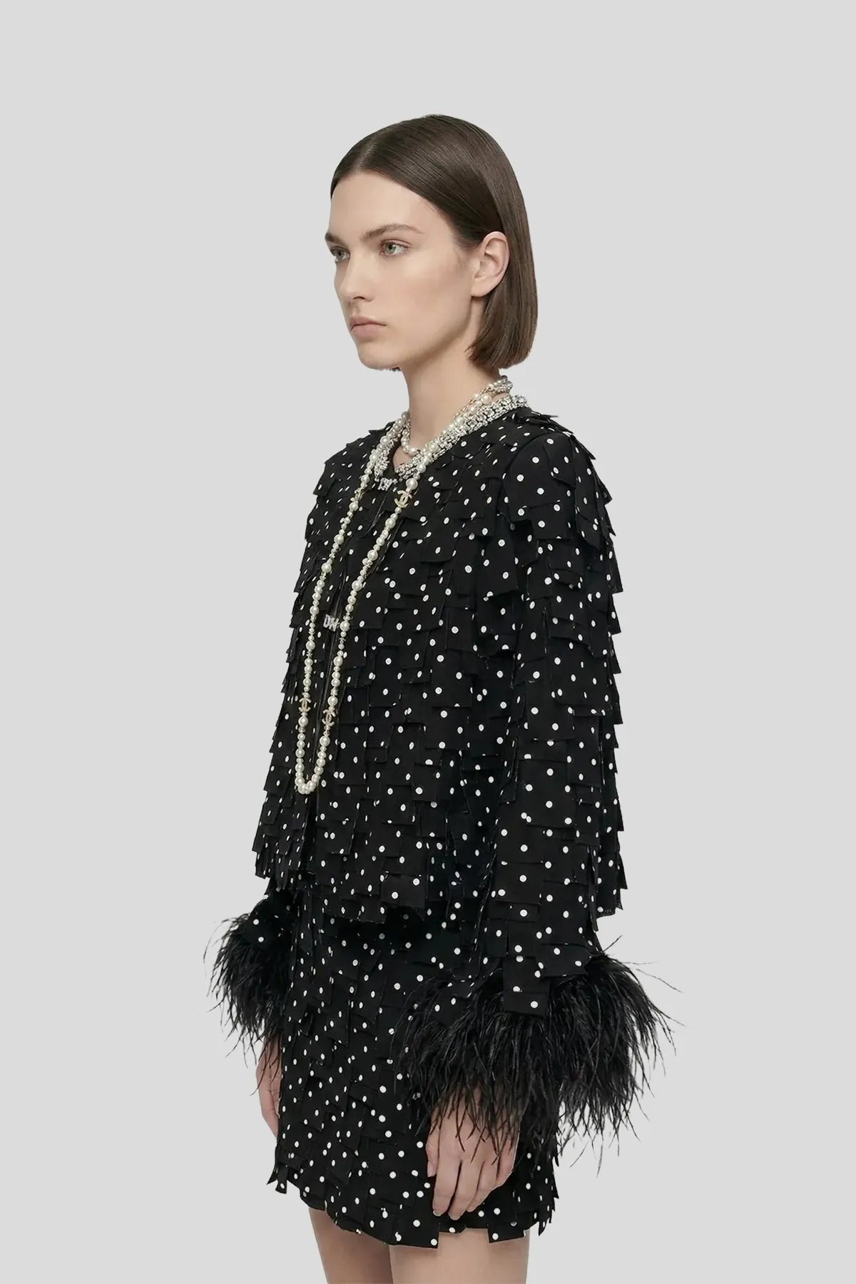 Polka-Dot Textured Tweed Set with Ostrich Feather Trim Secondary image
