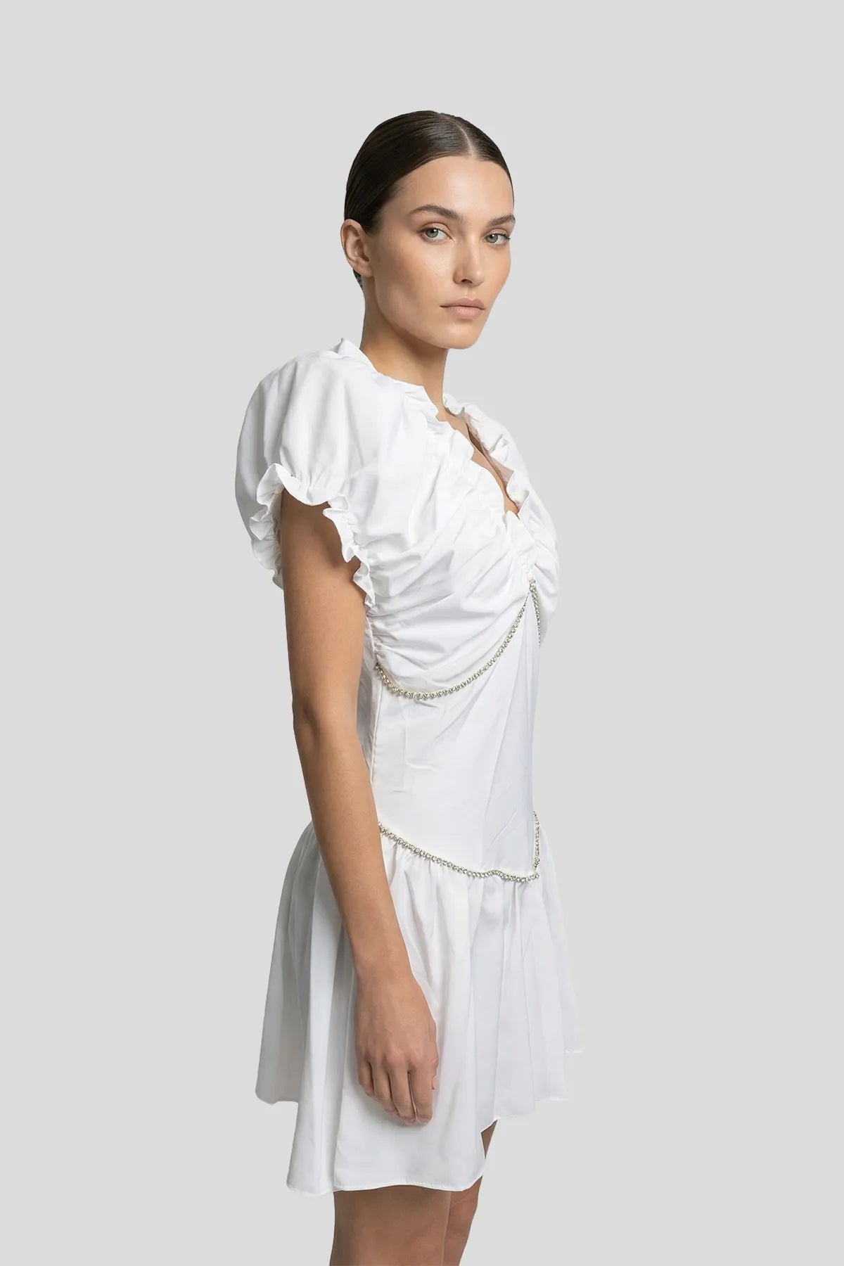 Crystal-Embellished Puff Sleeve Mini Dress