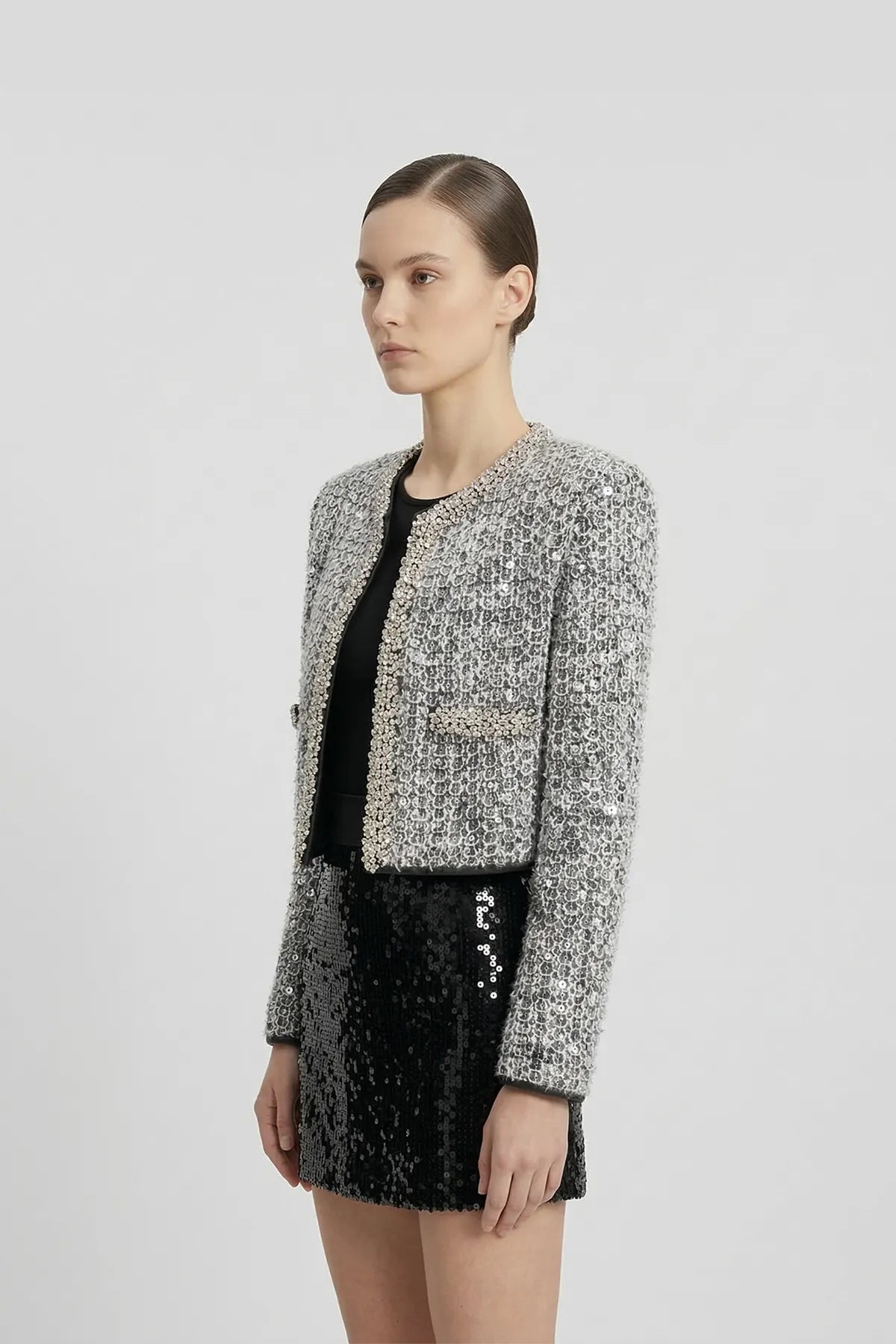 Sequin-Embellished Cropped Tweed Jacket in Metallic Silver Secondary image