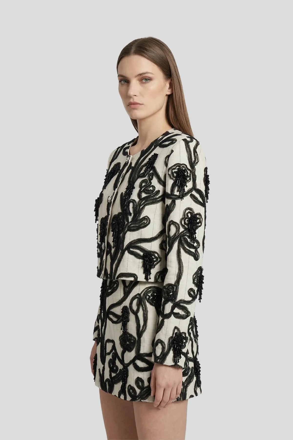 DW Ateller Contrast 3D Floral Embroidery Jacket & Mini Skirt
