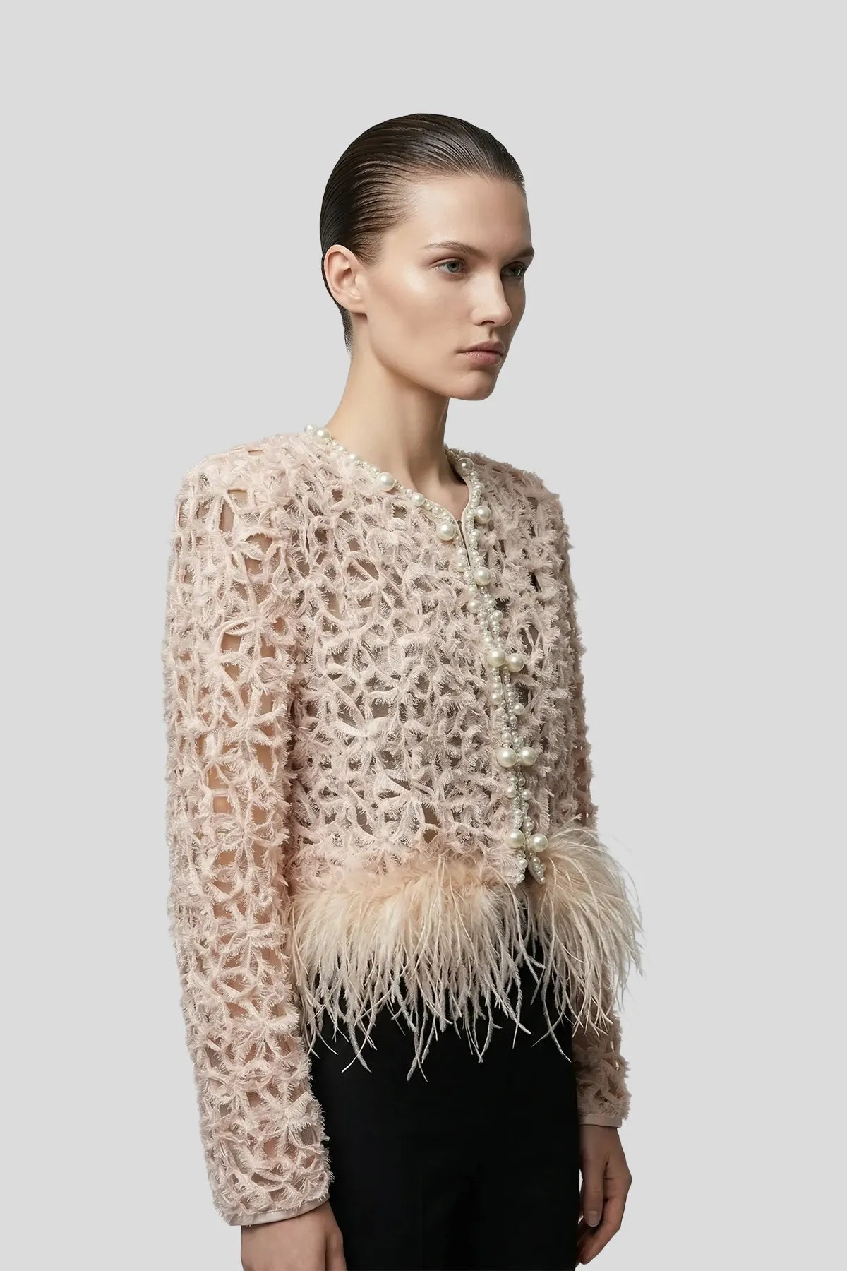 DW Ateller Pearl & Feather Trimmed Textured Evening Jacket