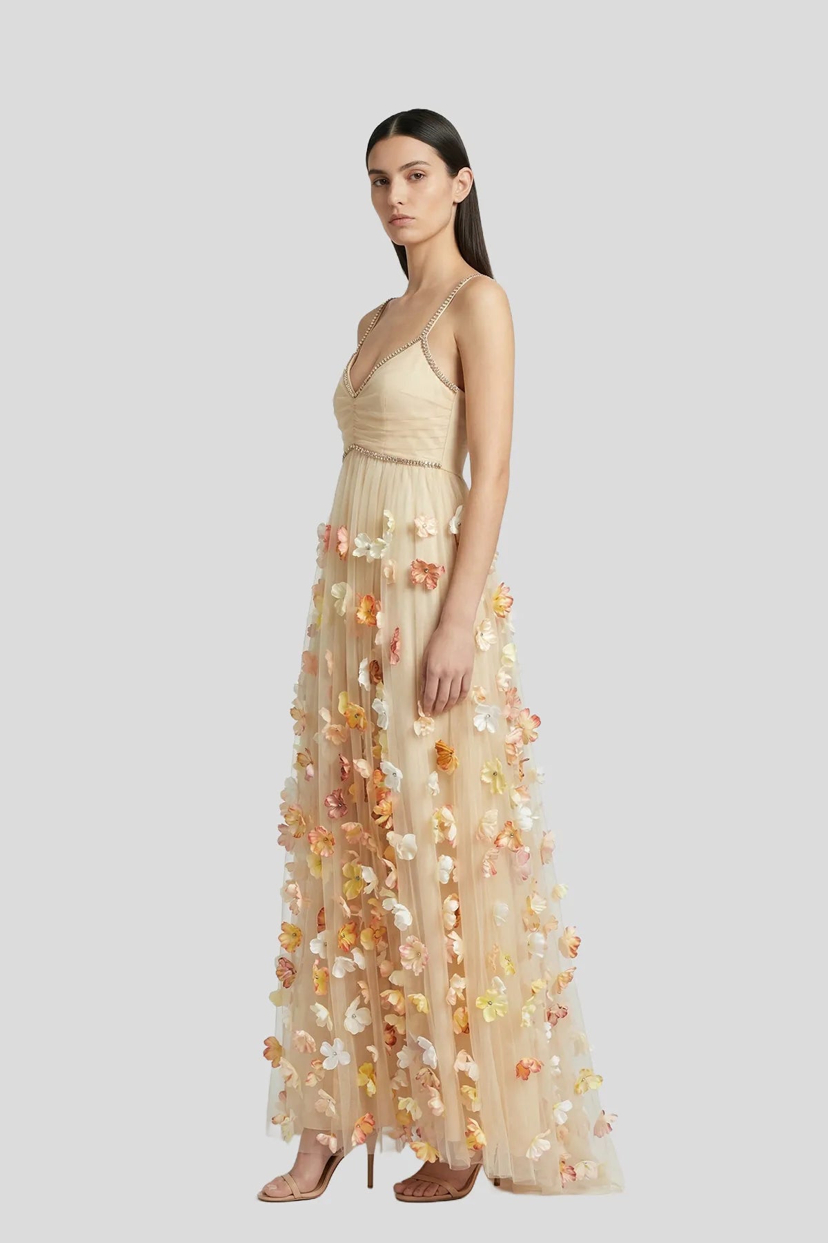 3D Floral Appliqué Tulle Gown