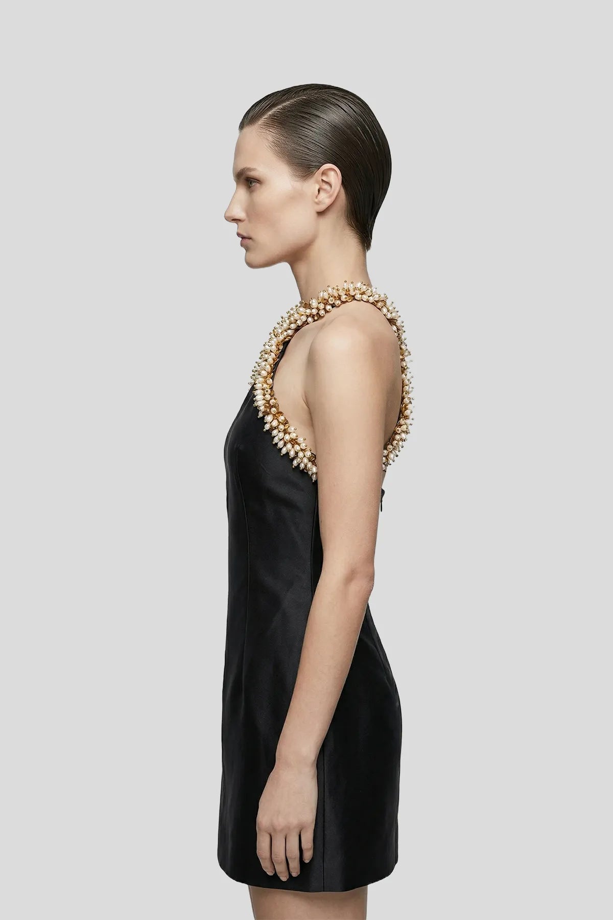 DW Ateller The Calista Pearl-Encrusted Crossover Mini Dress