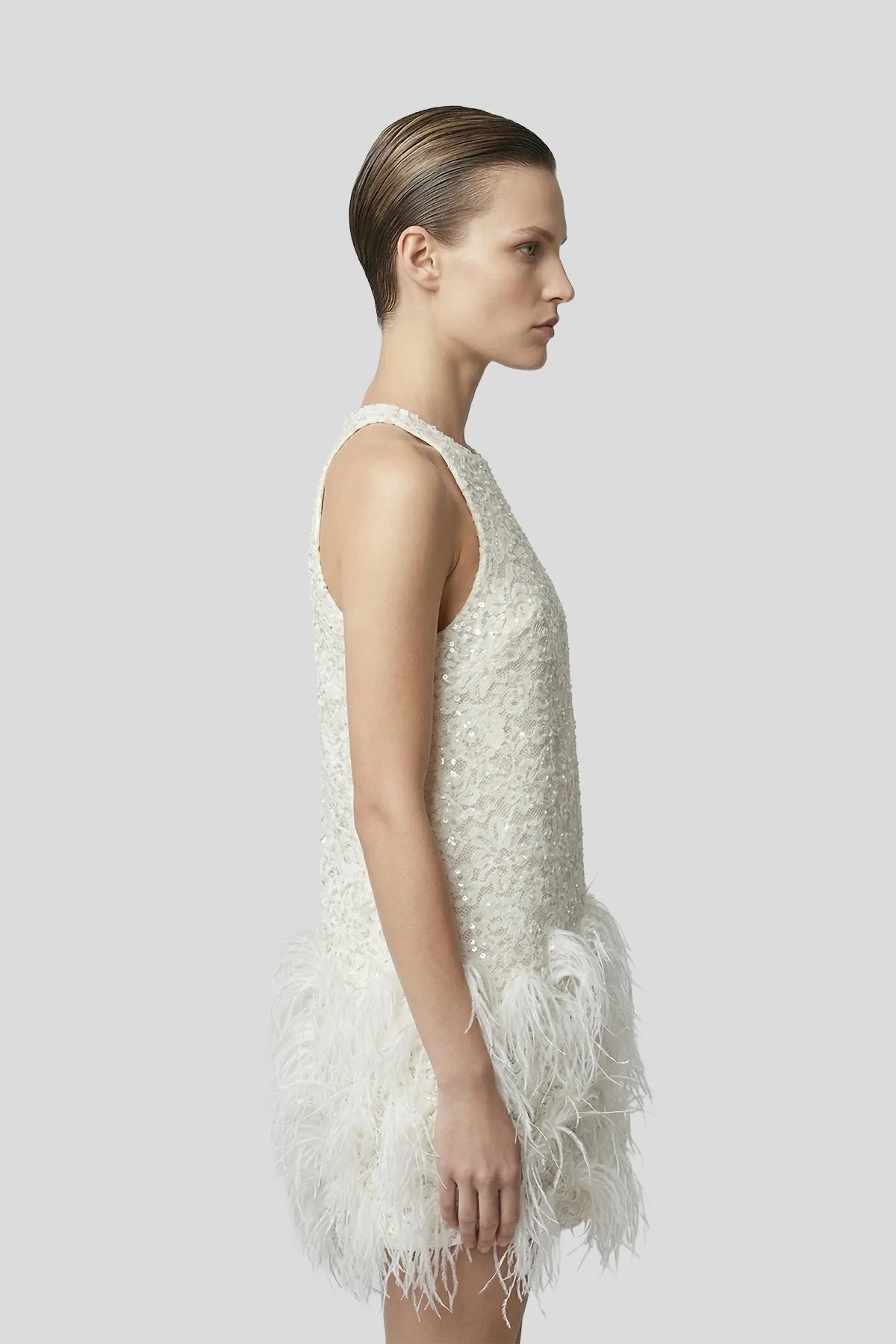 DW Ateller The Seraphina Sequined Lace & Ostrich Feather Mini Dress