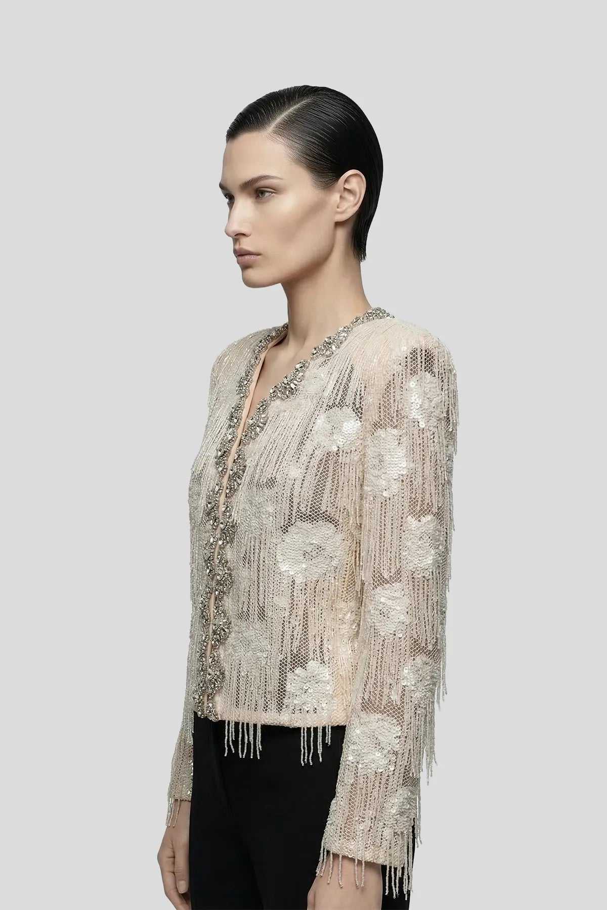 DW Ateller Crystal-Trimmed Sequined Lace Cropped Jacket