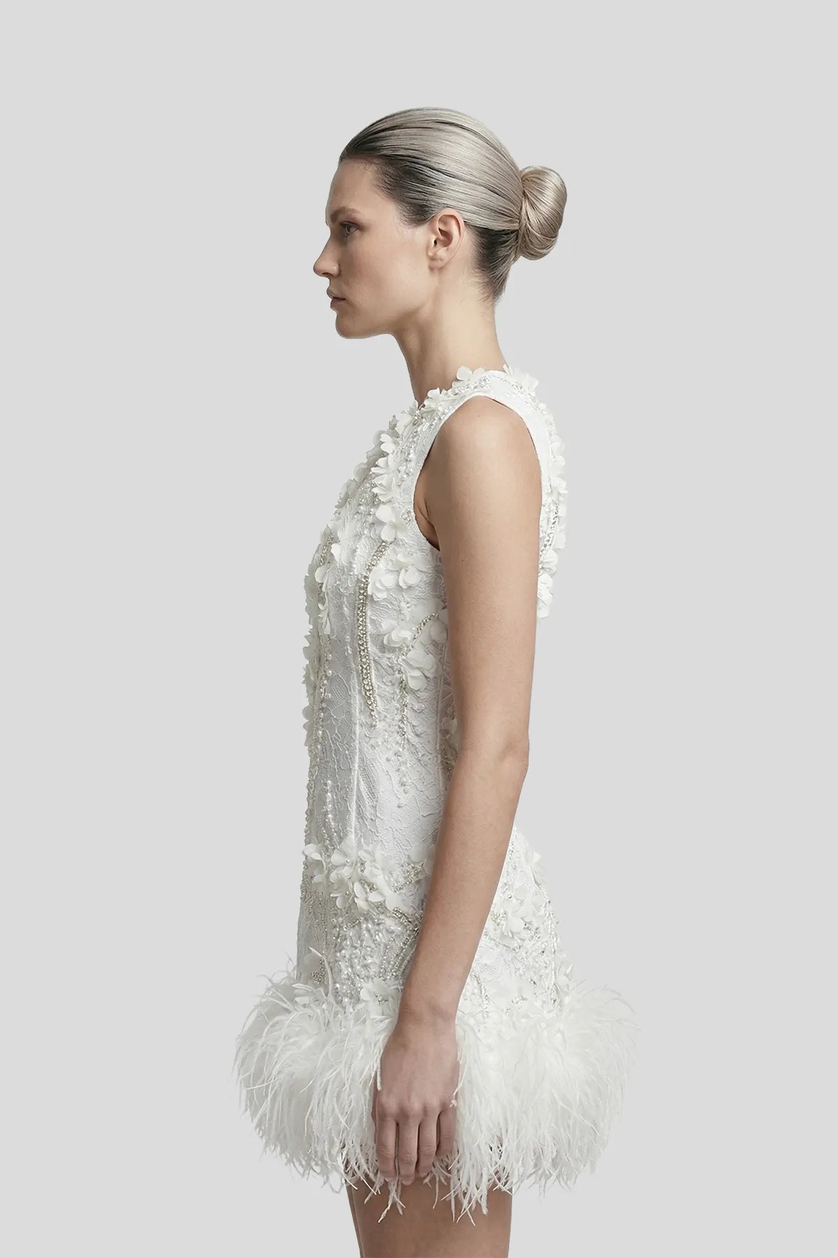DW Ateller 3D Floral Embellished Mini Dress with Feather Hem