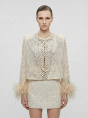 Pearl-Encrusted Lace Jacket & Beaded Mini Skirt